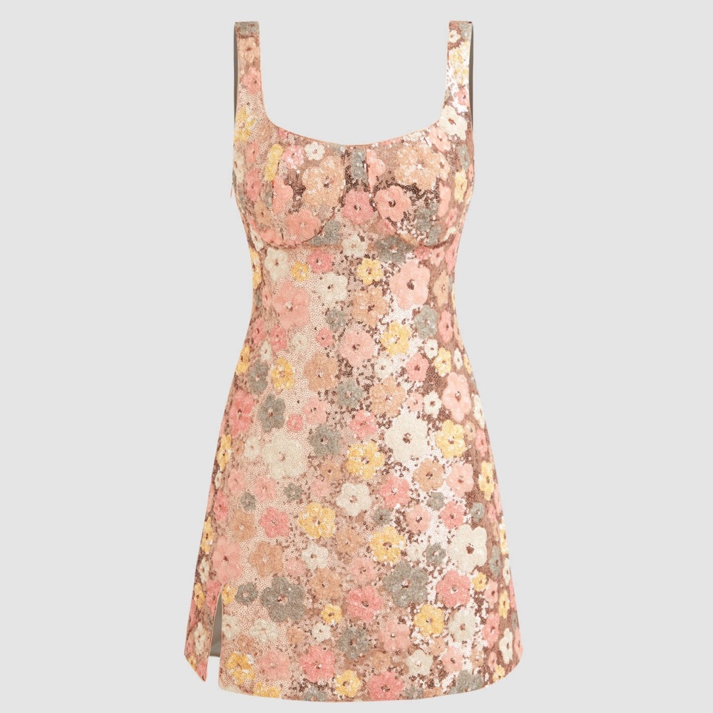 NWOT FLORAL SEQUIN SCOOP NECKLINE SPLIT MINI DRESS